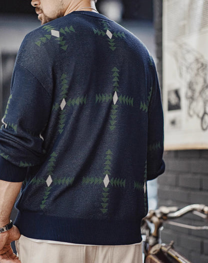American Retro Geometric Plaid Knitted College Pullover Men's Sweater - Harmony Gallery
