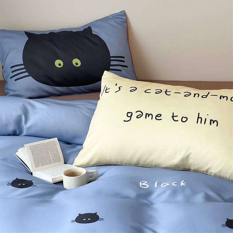 Cartoon Black Cat Pure Cotton Skin-Friendly Four-Piece Bed Set - Harmony Gallery