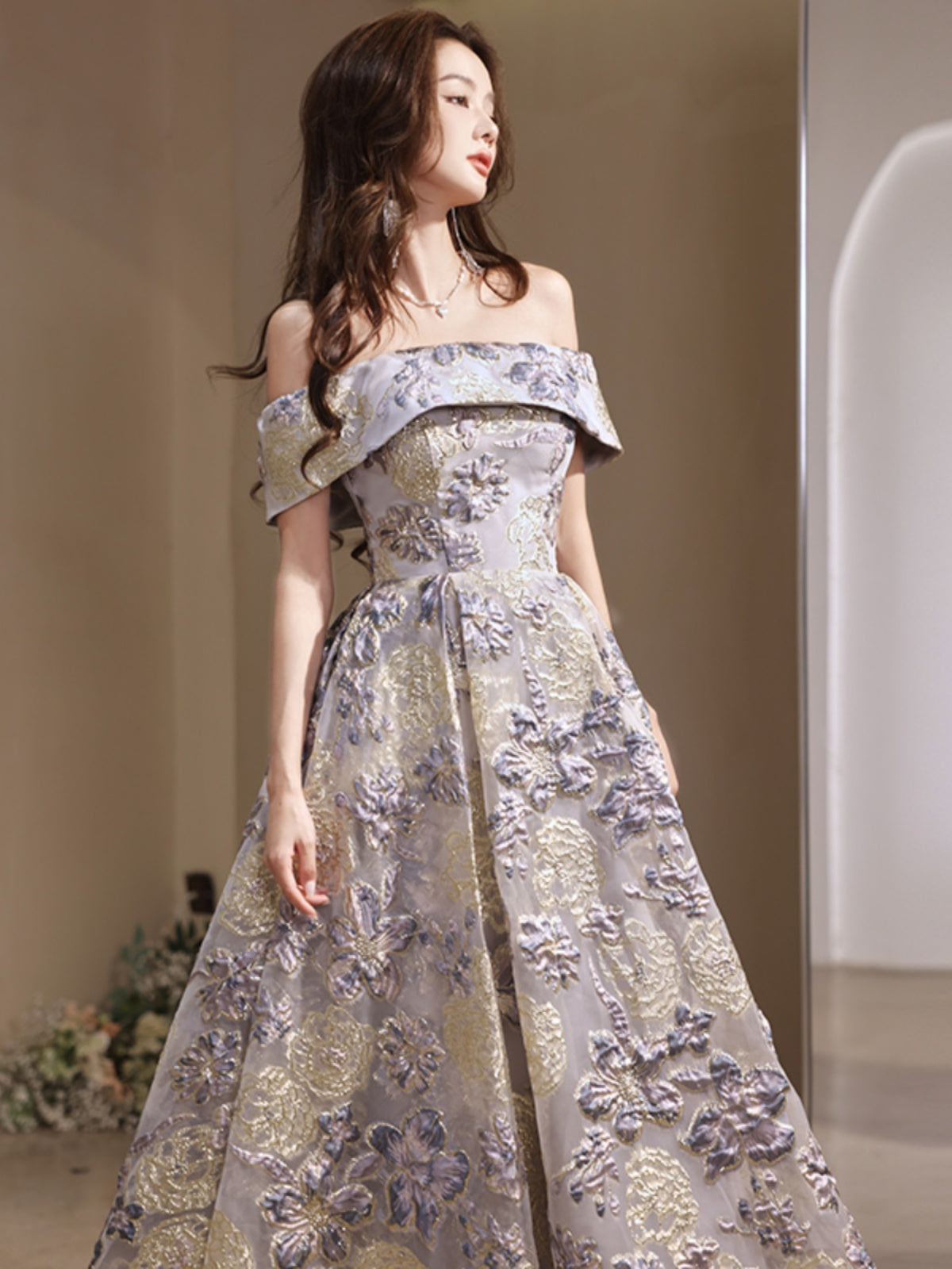 Elegant Lavender and Gold Floral Off-Shoulder Ball Gown - Harmony Gallery