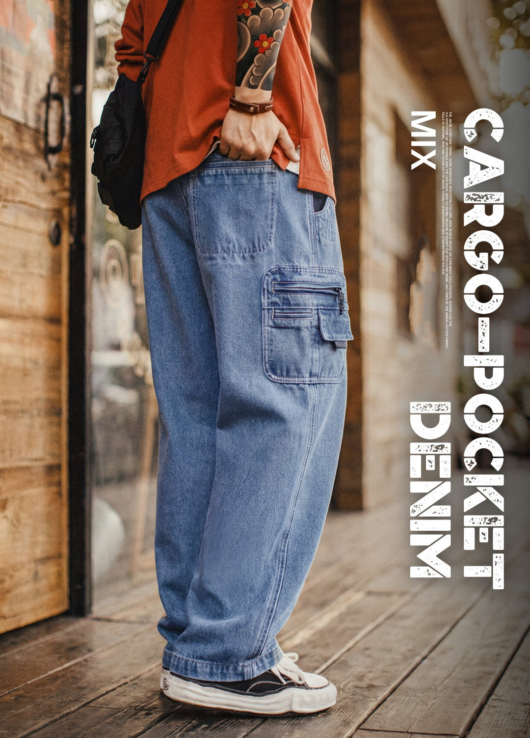 American Washed Denim Loose Straight Leg Pockets Drape Men's Jeans