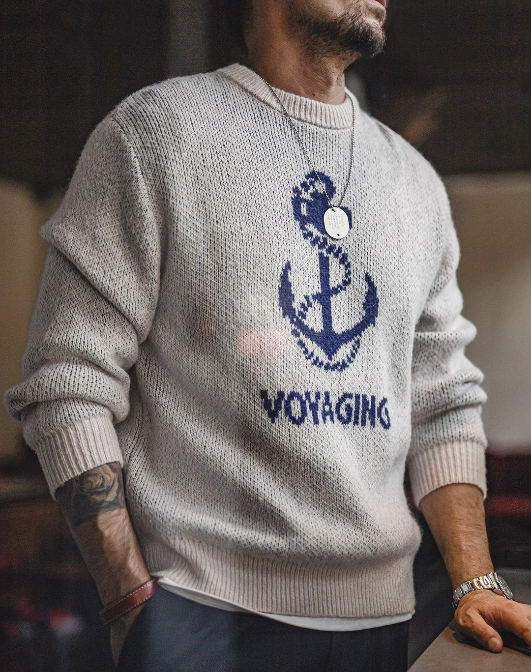 American Retro Knitted Anchor Jacquard Vintage Pullover Men's Sweater - Harmony Gallery