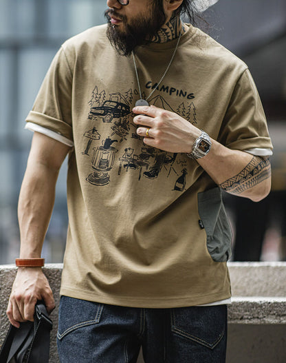 Tooling Mountain Fun Printed Khaki Camping Men's T-Shirt - Harmony Gallery