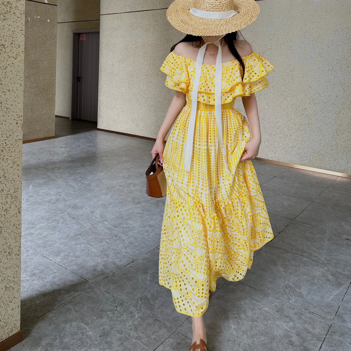 French Embroidery Hollow Travel Vacation Women's Dress - Harmony Gallery