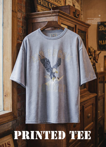 American Retro Print Distressed Batik Blue Drop Shoulder Men's T-Shirt