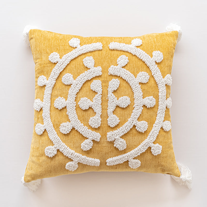 Golden Elegance Tassel Accent White Embroidered Scrollwork Throw Pillows - Harmony Gallery