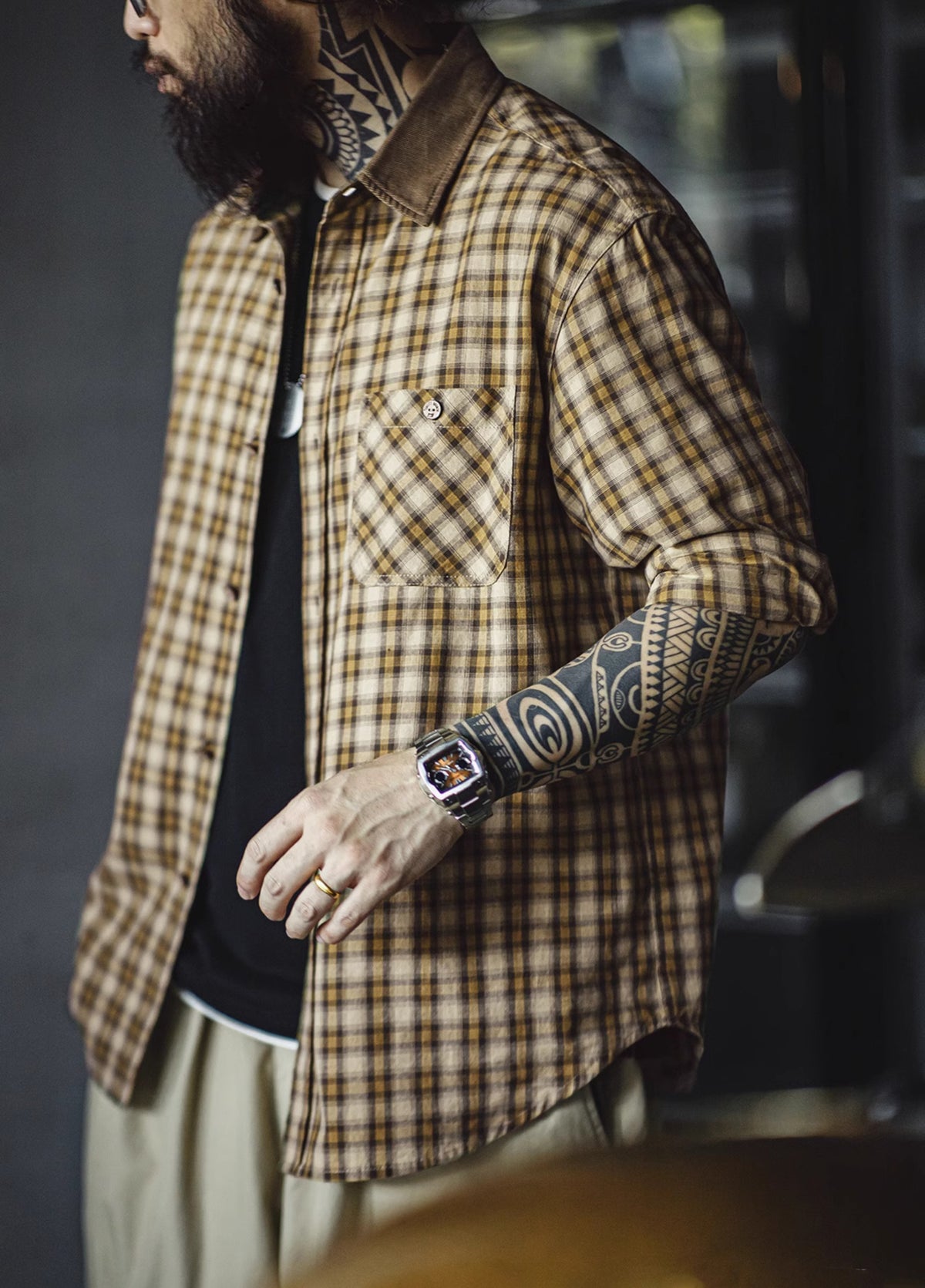 American Retro Workwear Scottish Plaid Corduroy Splicing Men's Shirt - Harmony Gallery