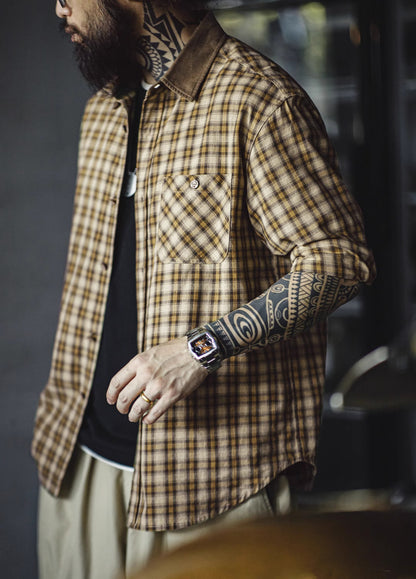 American Retro Workwear Scottish Plaid Corduroy Splicing Men's Shirt - Harmony Gallery