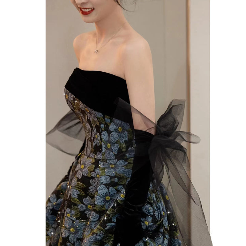 Elegant Black and Blue Floral Strapless Ball Gown with Sheer Gloves - Harmony Gallery