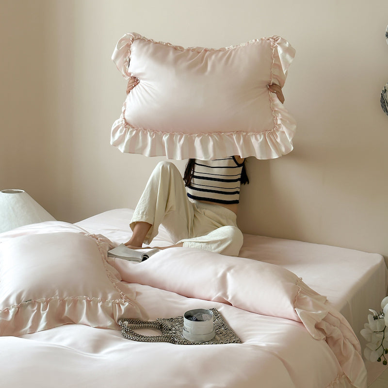 French Lotus Leaf Lace Four-Piece Ice Silky Nude Sleeping Bed Set - Harmony Gallery