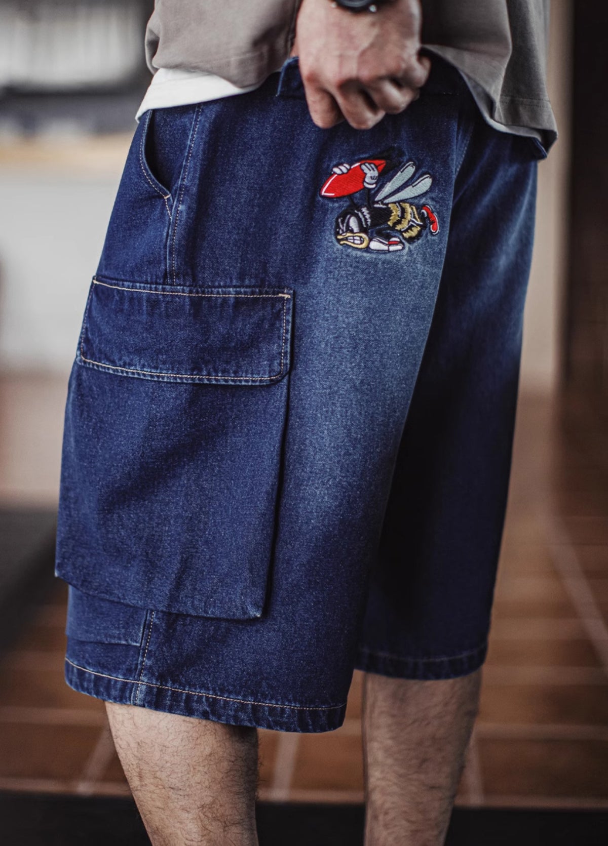 American Retro Washed Blue Embroidered Double Pocket Paratrooper Men's Shorts - Harmony Gallery
