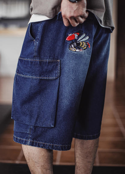American Retro Washed Blue Embroidered Double Pocket Paratrooper Men's Shorts - Harmony Gallery