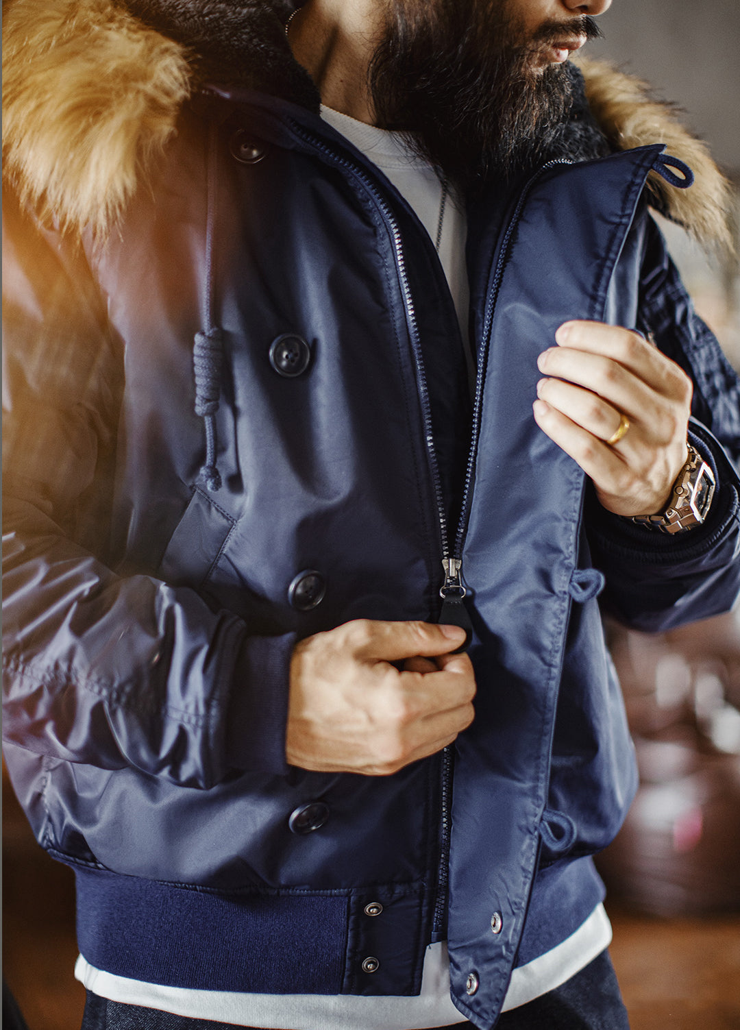 American Retro N2A Fur Collar Parka Blue Mountain Eagle Cotton Men's Jacket - Harmony Gallery