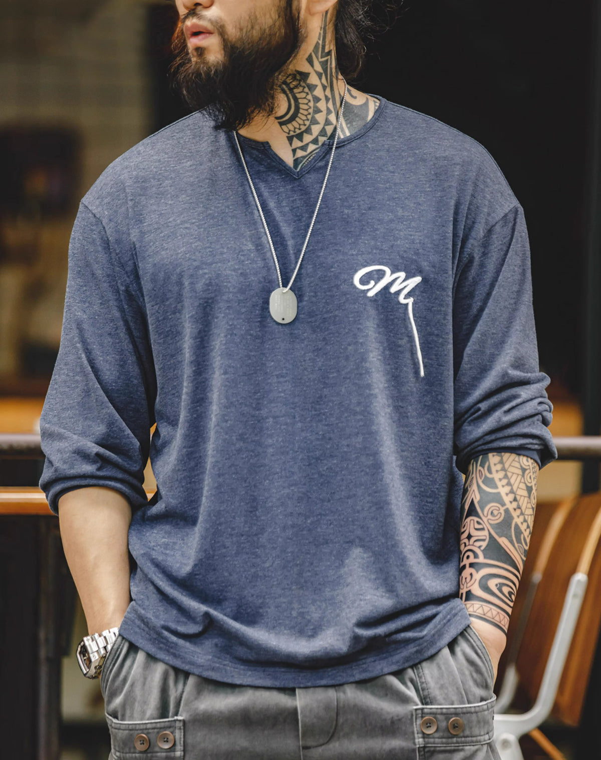 American Retro Letter Embroidery Bottoming Men's Sweater - Harmony Gallery