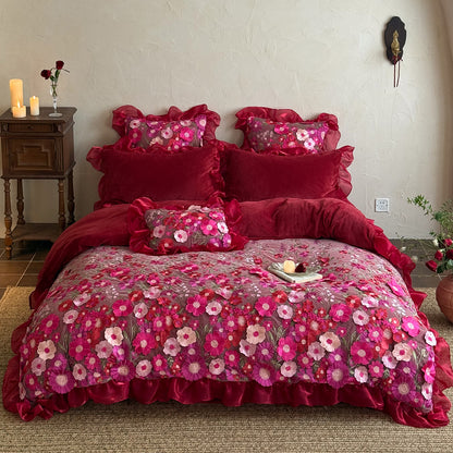 French Ruffled Winter Thickened Coral Fleece Warm Four-Piece  Bed Set - Harmony Gallery