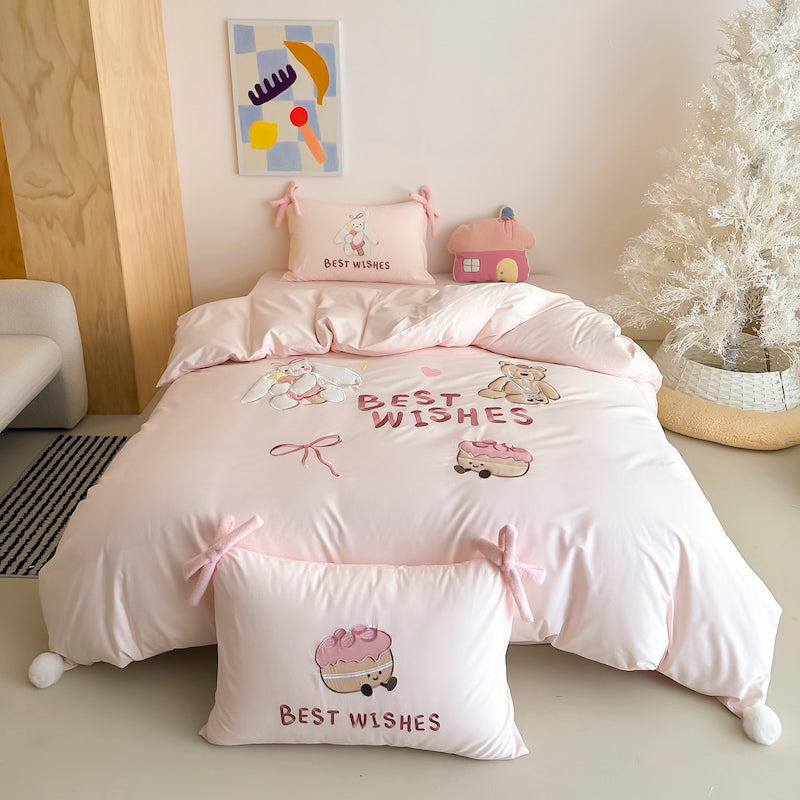 Cartoon Circus Bear Embroidery Pure Cotton Long Staple Four-Piece Bed Set - Harmony Gallery