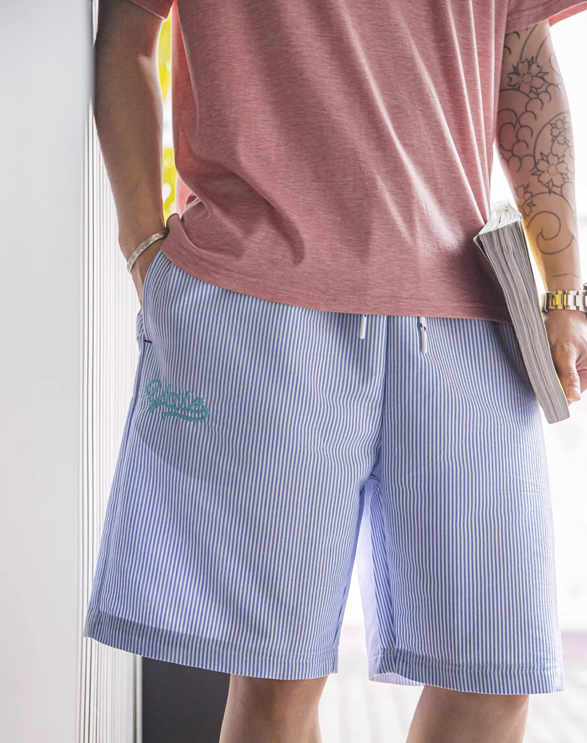 American Casual Striped Embroidered Straight-Leg Men's Shorts - Harmony Gallery