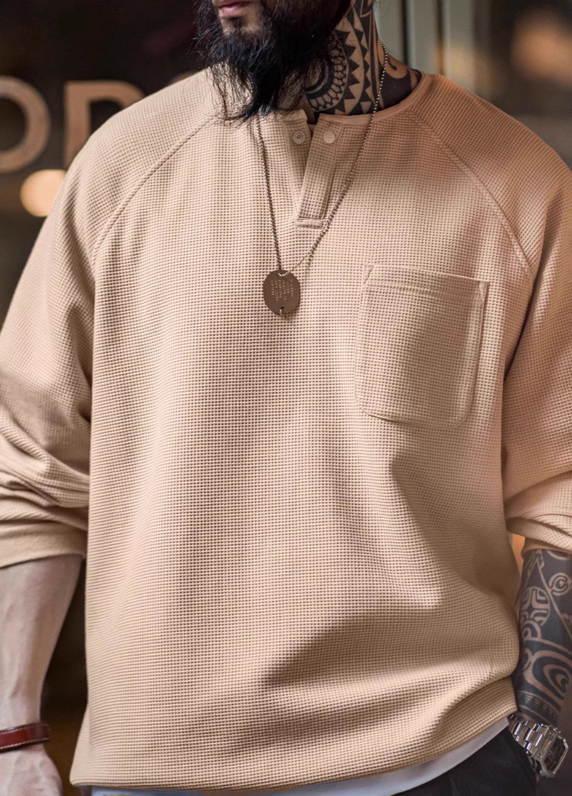 American Retro Waffle Knitted Henry Loose Raglan Half-Open Men's Sweater - Harmony Gallery