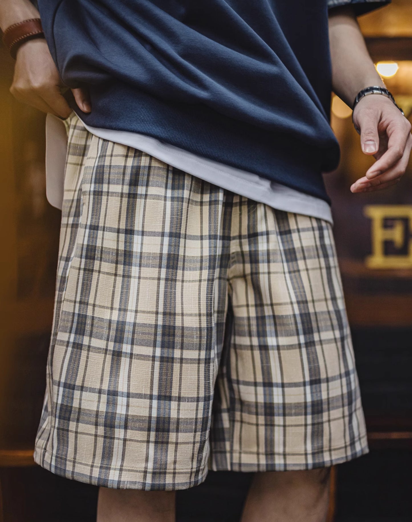 American Retro Scottish Plaid Straight Loose Drawstring Thin Men's Shorts - Harmony Gallery