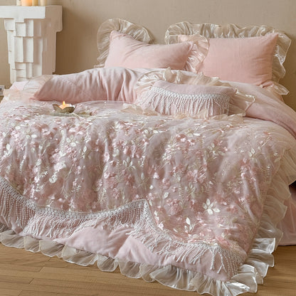 French Romantic Heavy-Duty Four-Piece Warm Double-Sided Coral Fleece Bed Set - Harmony Gallery