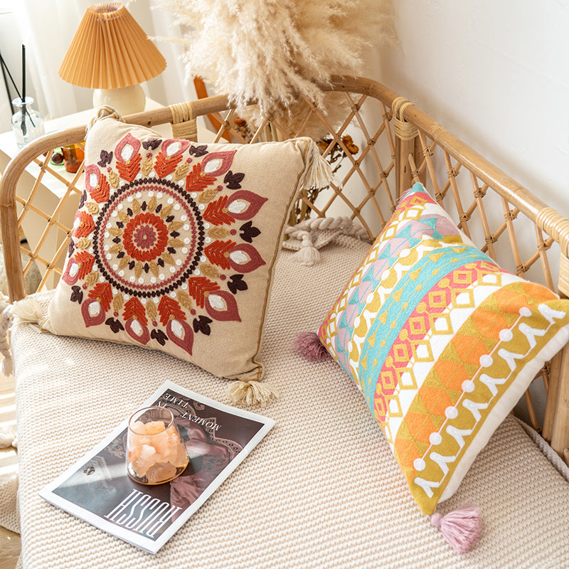 Vibrant Boho Fiesta Colorful Pom-Pom Embroidered Decorative Throw Pillows - Harmony Gallery