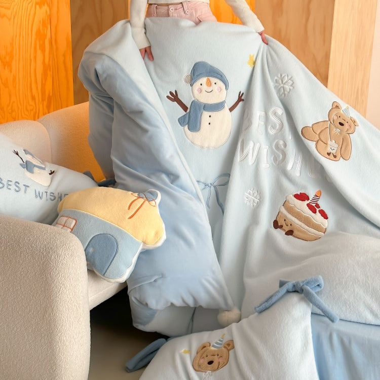 Winter Snowman Bear Thickened Cashmere Four-Piece Warm Milk Velvet Bed Set - Harmony Gallery