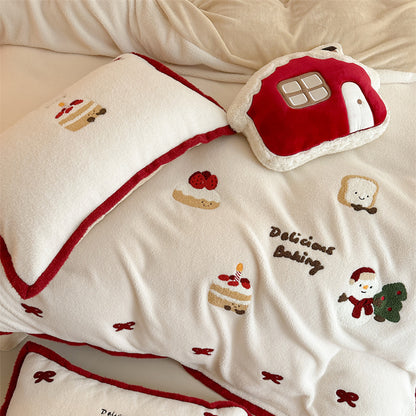 Winter Creamy Cake Snowman Thickened Cashmere Four-Piece Fleece Bed Set - Harmony Gallery
