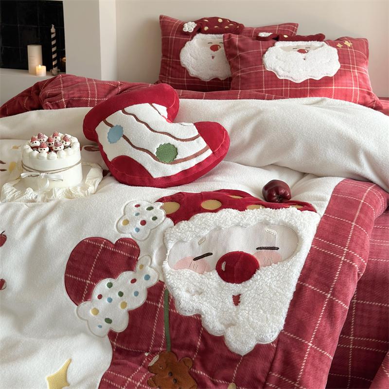 Christmas Wool Milk Velvet Four-Piece Winter Thick Warm Bed Set - Harmony Gallery
