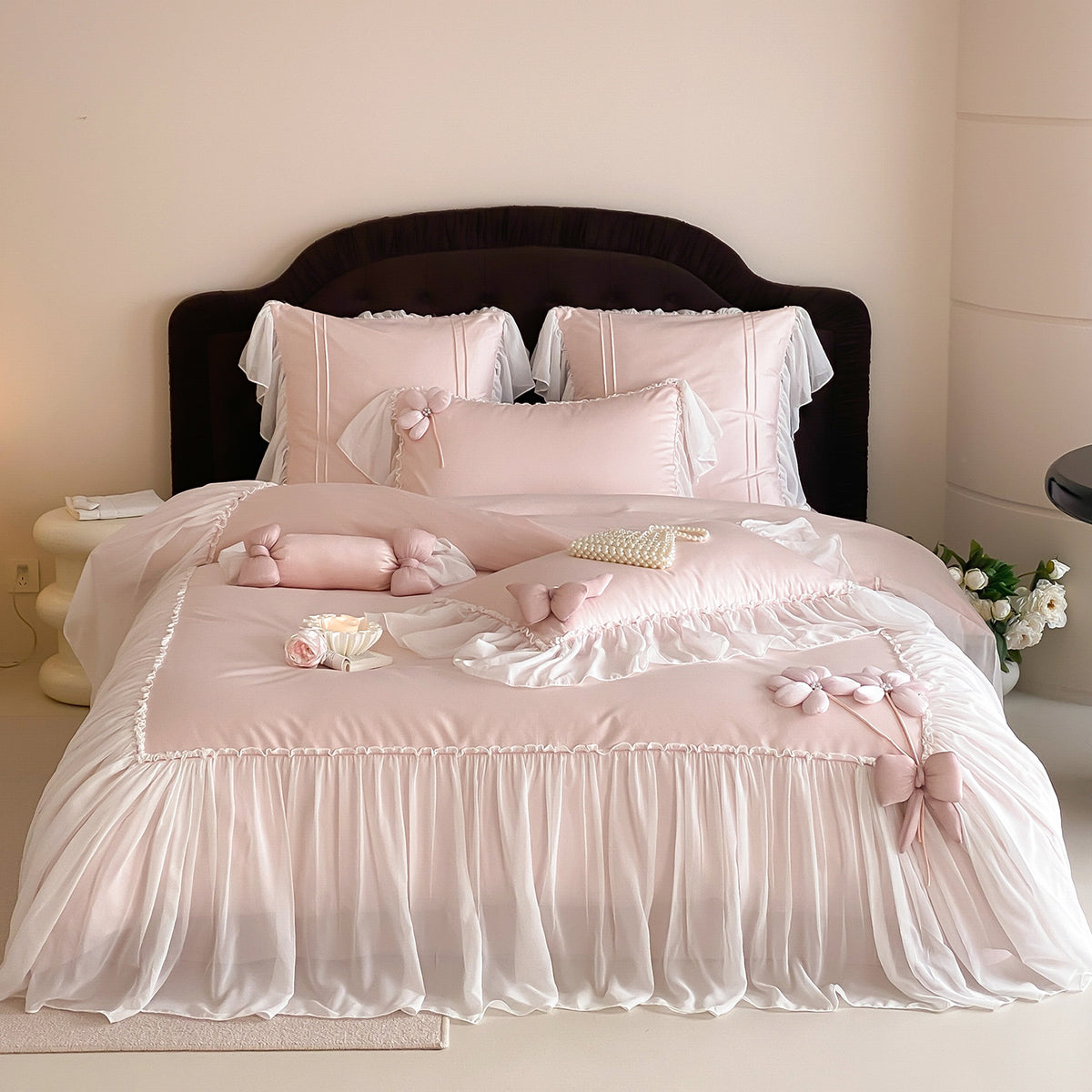 French Girly Lace-Trimmed Bow Princess Four-Piece Cotton Long-Staple Bed Set - Harmony Gallery