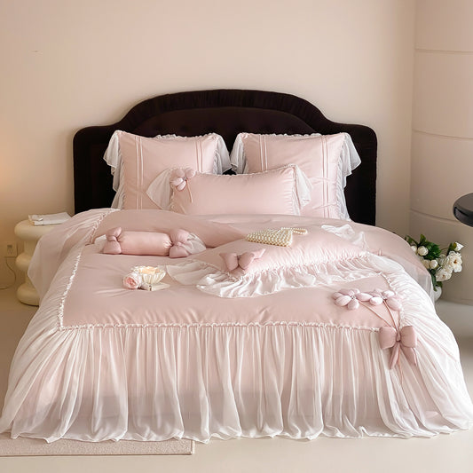French Girly Lace-Trimmed Bow Princess Four-Piece Cotton Long-Staple Bed Set - Harmony Gallery