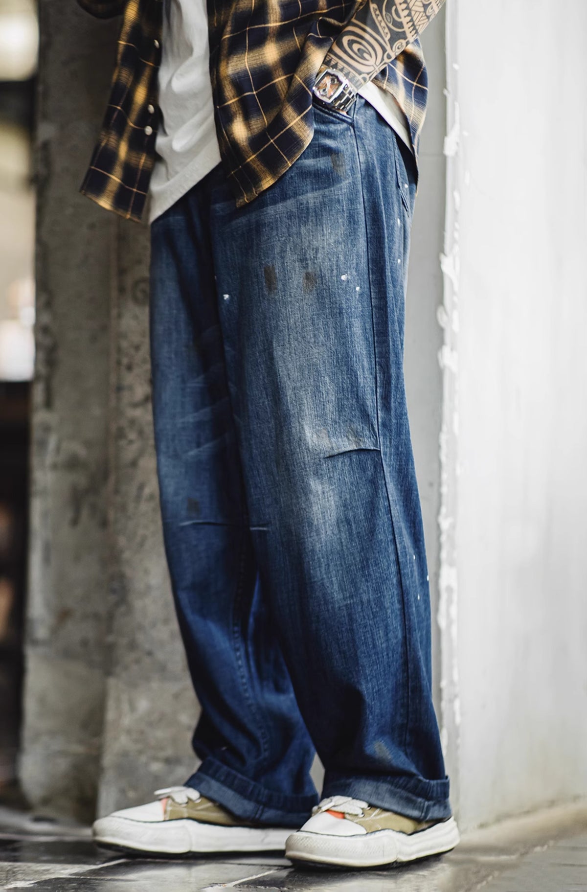 American Distressed White Cat Whisker Washed Ink-Splashed Men's Jeans - Harmony Gallery