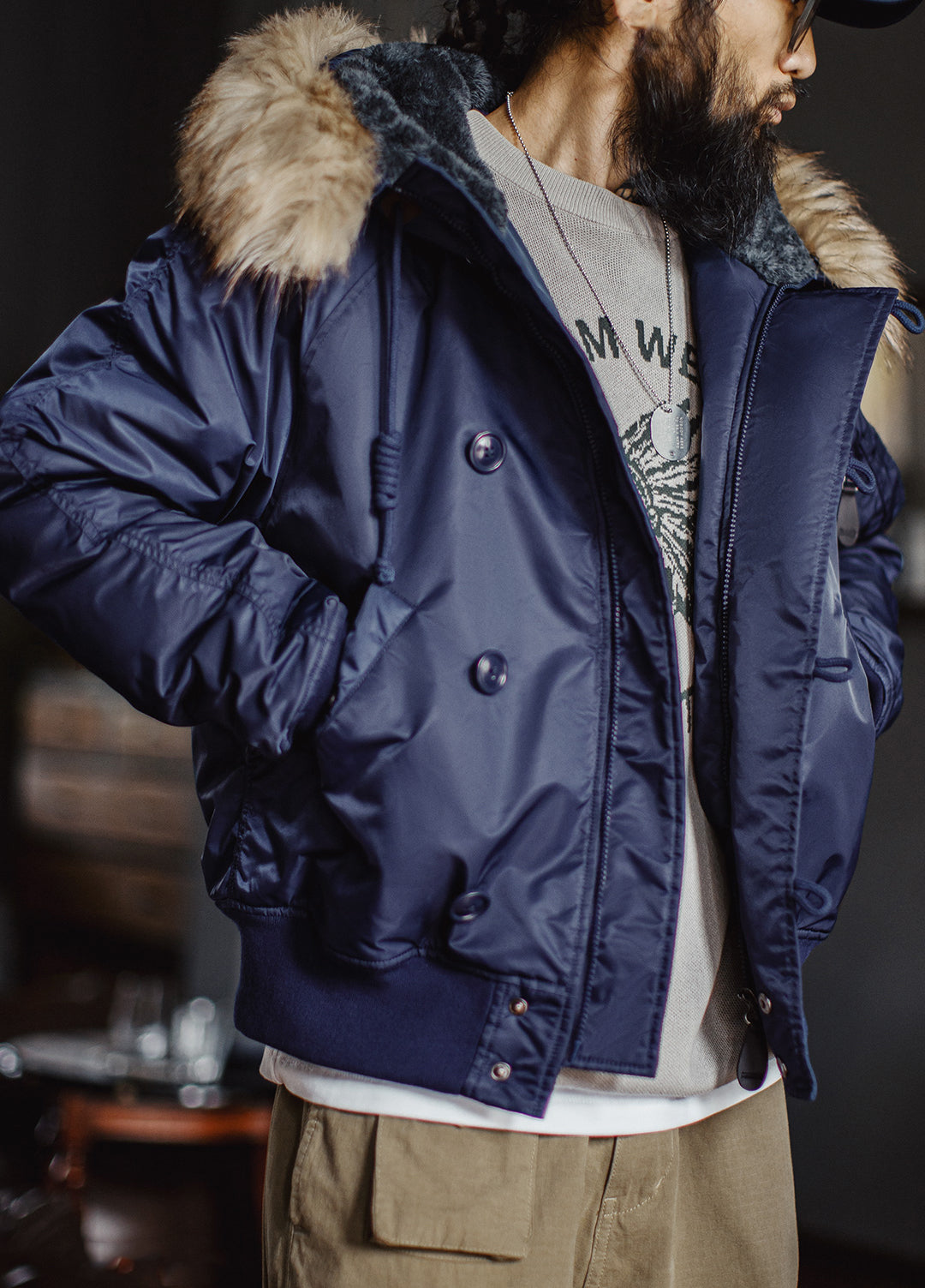 American Retro N2A Fur Collar Parka Blue Mountain Eagle Cotton Men's Jacket - Harmony Gallery