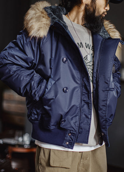 American Retro N2A Fur Collar Parka Blue Mountain Eagle Cotton Men's Jacket - Harmony Gallery