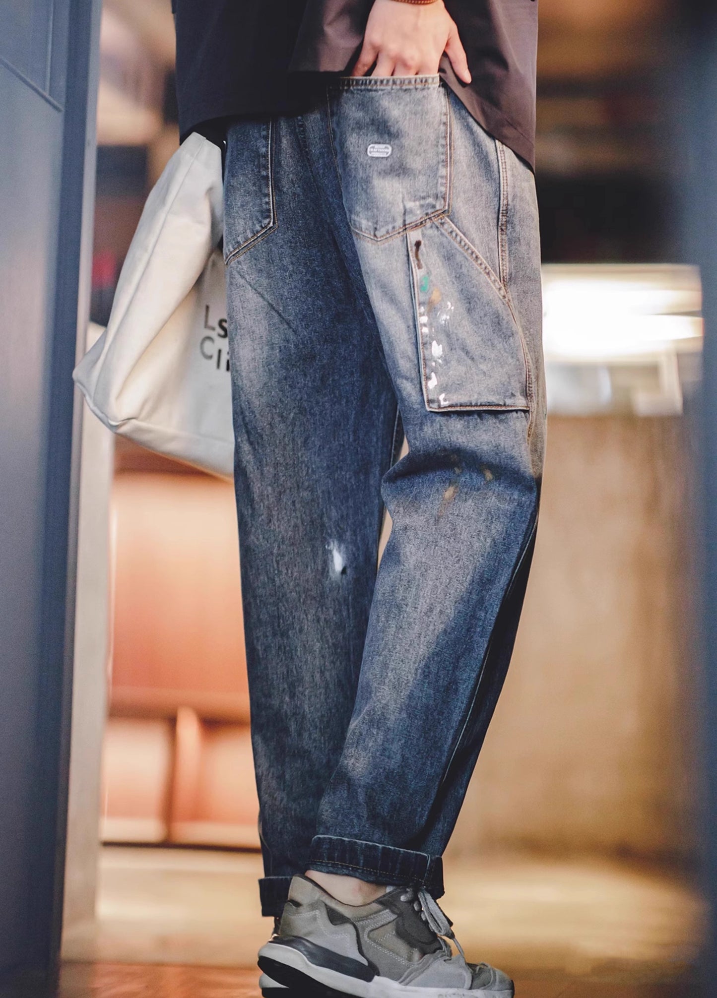 American Retro Splash-Ink Graffiti Washed Logging Men's Jeans - Harmony Gallery