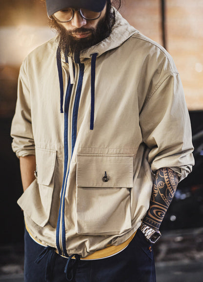 American Multi-Pocket Pure Cotton Canvas Hooded Thin Daily Men's Jacket