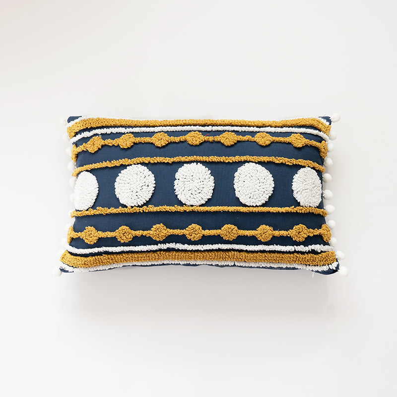 Nautical Charm Gold Accent Textured Throw Pillows with Pom-Pom Details - Harmony Gallery