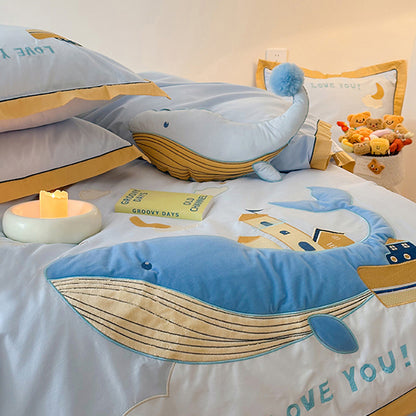 Cute Cartoon Whale For Boy And Girl  Pure Cotton Four-Piece Bed Set - Harmony Gallery