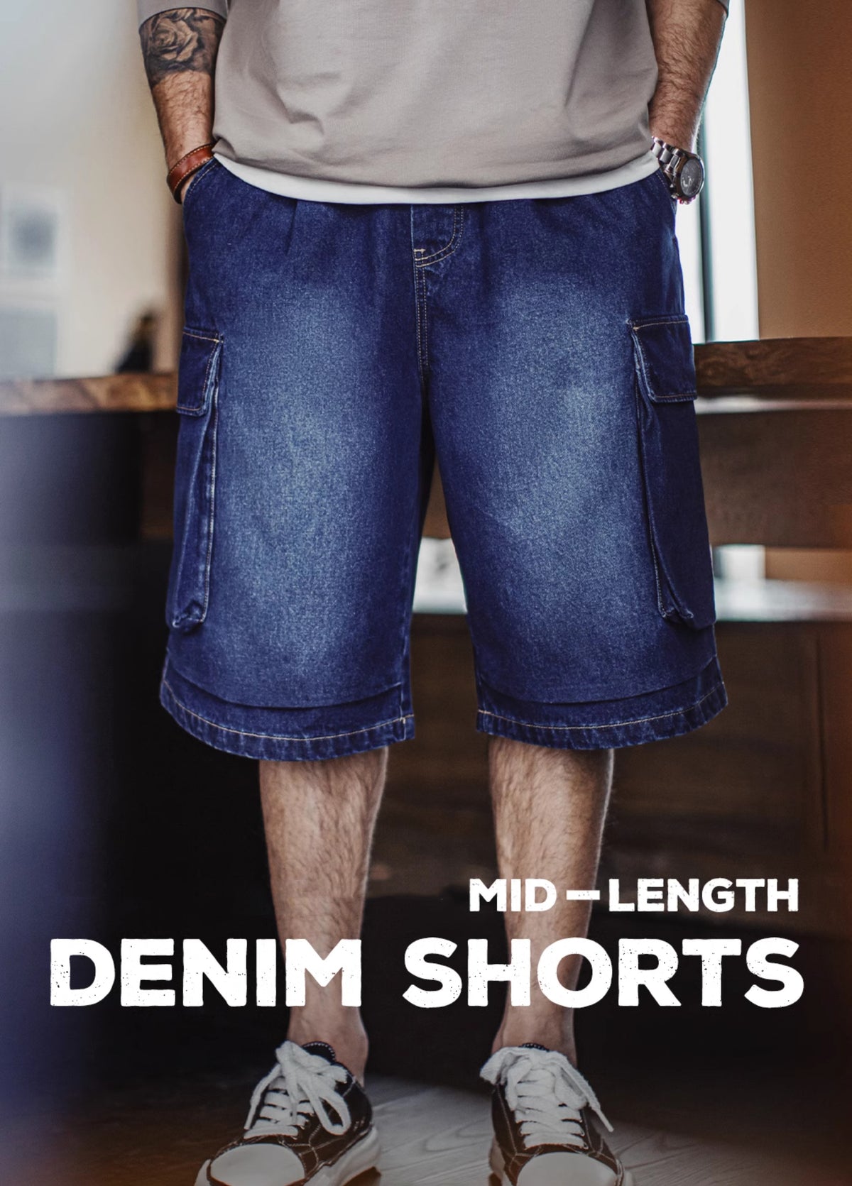 American Retro Washed Blue Embroidered Double Pocket Paratrooper Men's Shorts - Harmony Gallery