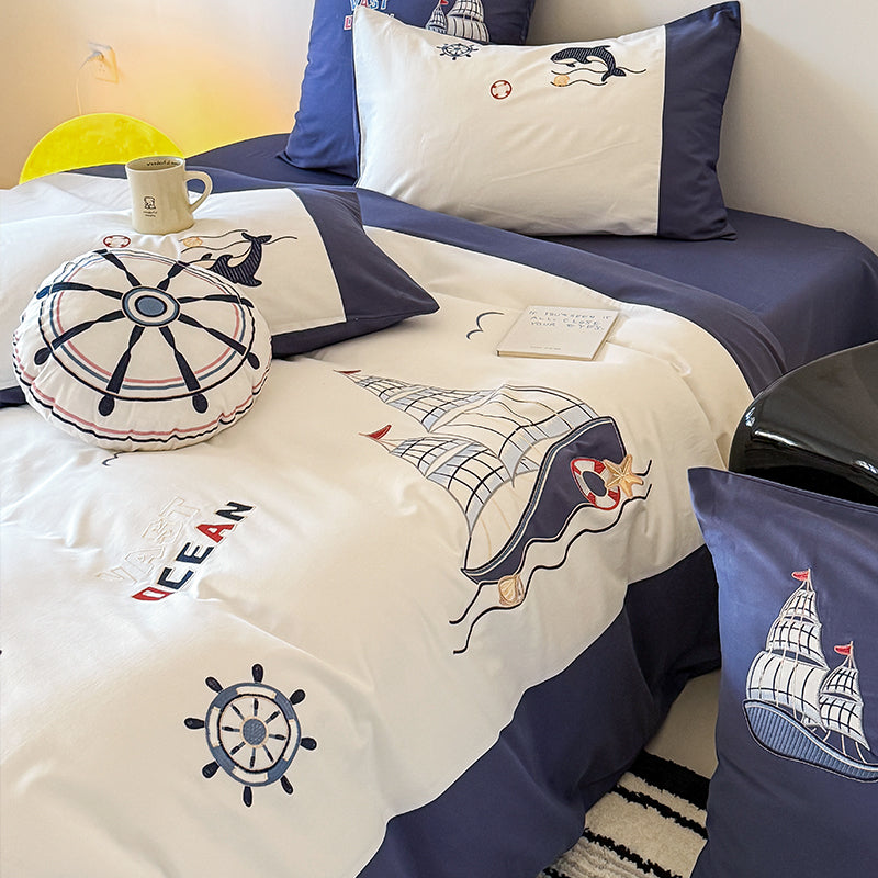 Cute Cartoon Brushed Boy Embroidered Pure Cotton Four-Piece Bed Set - Harmony Gallery
