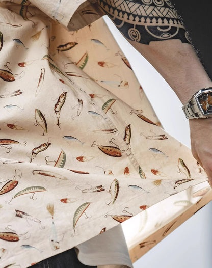 Retro Fishing Bait Painted Cotton Hawaiian Half-Sleeved Men's Shirt - Harmony Gallery