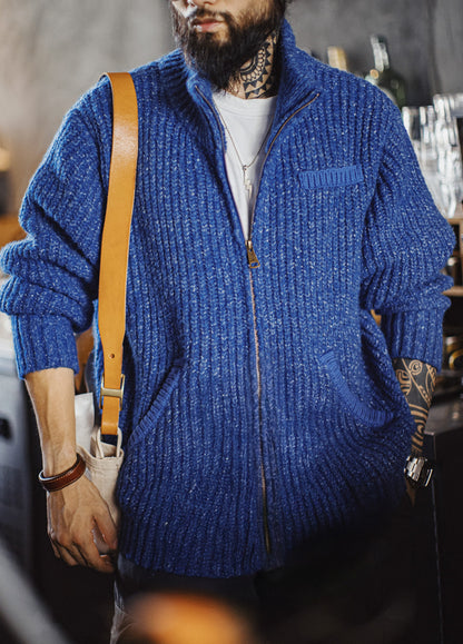 American Ice Blue Cardigan Thick High Neck Warm Knitwear Winter Men's Jacket - Harmony Gallery