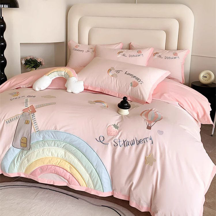 Cute Girly Heart Rainbow Pure Cotton Washed Four-Piece Bed Set - Harmony Gallery