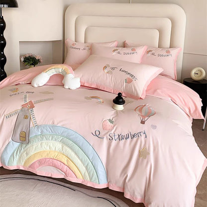 Cute Girly Heart Rainbow Pure Cotton Washed Four-Piece Bed Set - Harmony Gallery