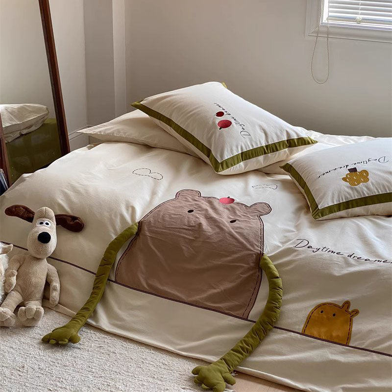 Cartoon Apple Hugging Bear Thickened Brushed Four-Piece Bed Set - Harmony Gallery