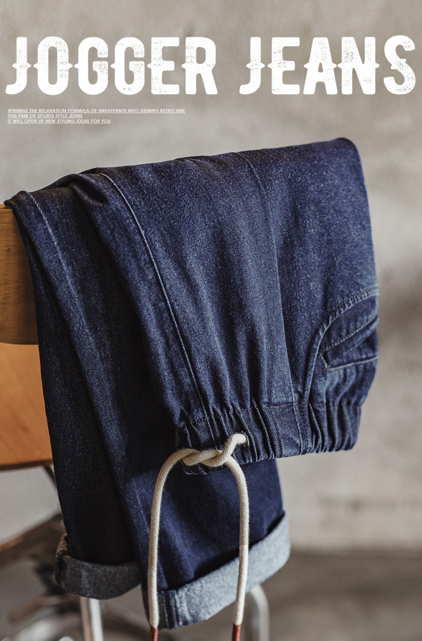 American Jogger Denim With Elastic Waist And Drawstring Washed Men's Jeans - Harmony Gallery