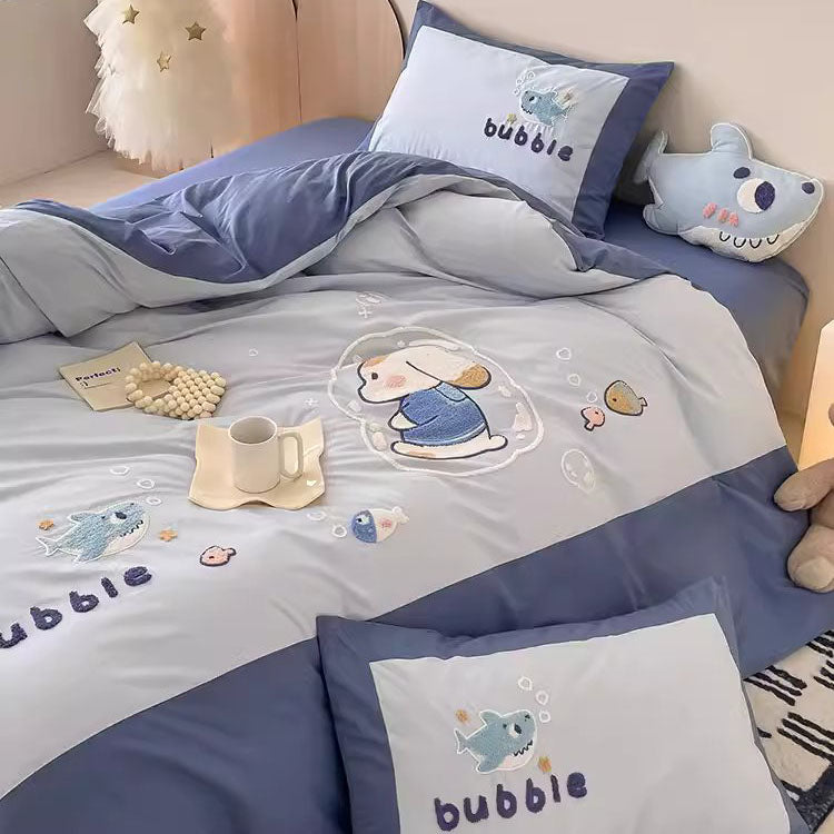 Cute Cartoon Bubble Shark Washed Four-Piece Pure Cotton Bed Set - Harmony Gallery