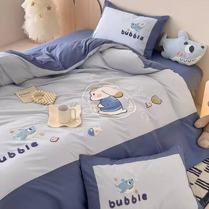 Cute Cartoon Bubble Shark Washed Four-Piece Pure Cotton Bed Set - Harmony Gallery