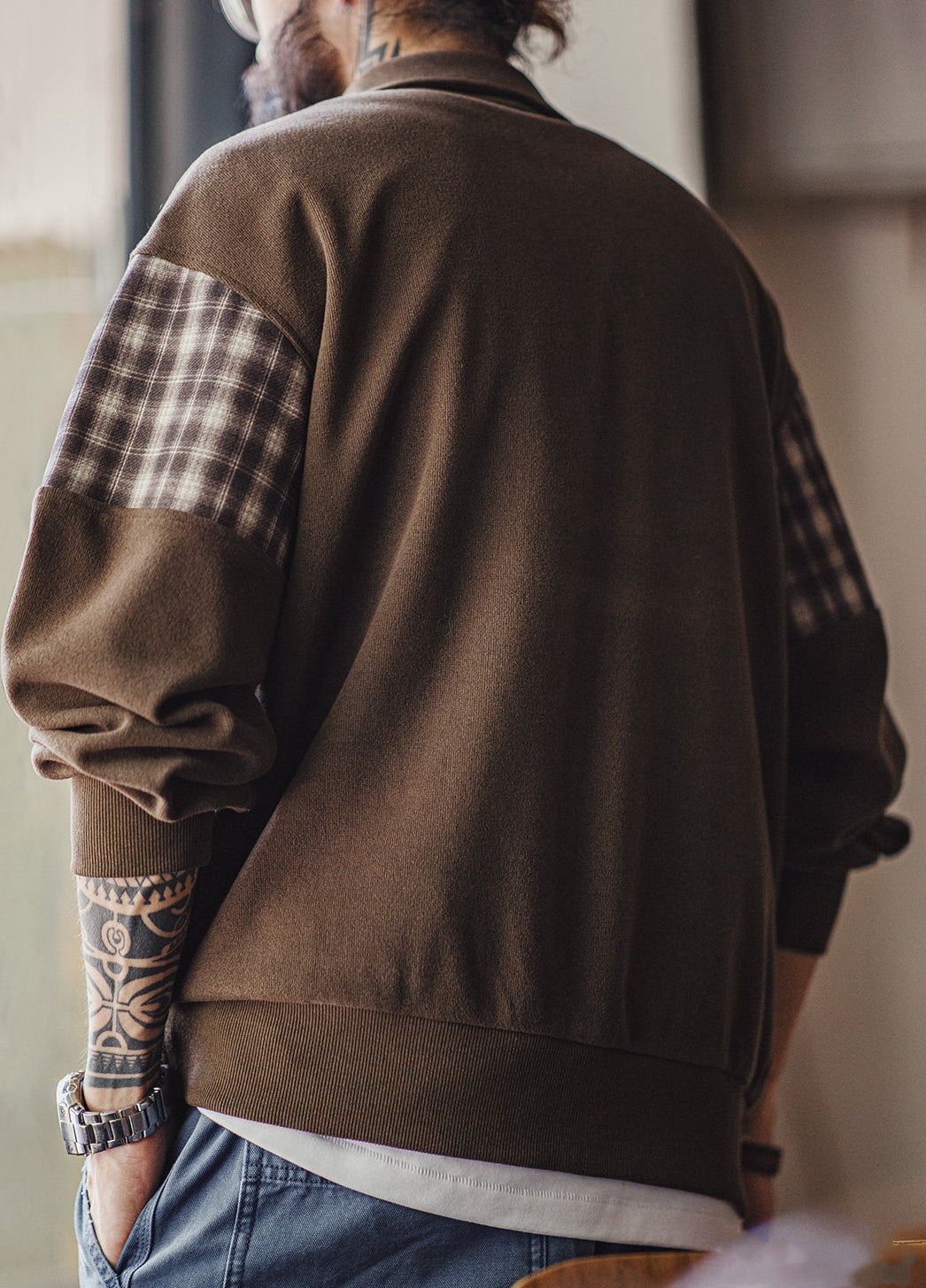 American Patchwork Embroidery Half-Open Zipper Hoodless Men's Sweater - Harmony Gallery