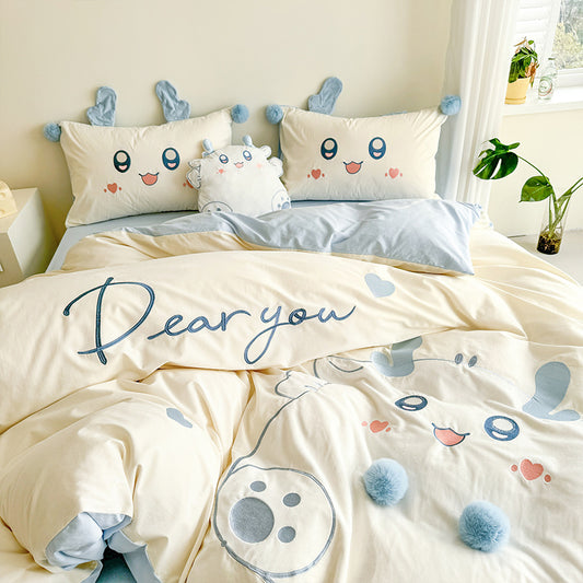 Cartoon Cute Little Fat Dragon Pure Cotton Washed Four-Piece Bed Set - Harmony Gallery