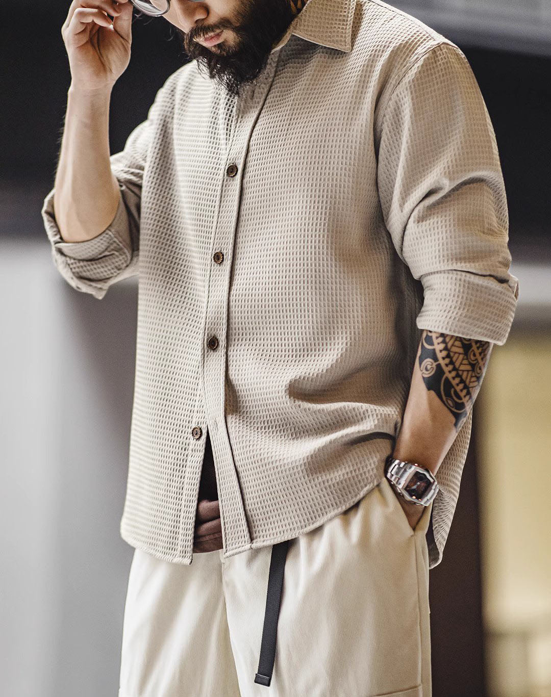 American Casual Waffle Texture Sense Anti-Wrinkle Plaid Men's Shirt - Harmony Gallery