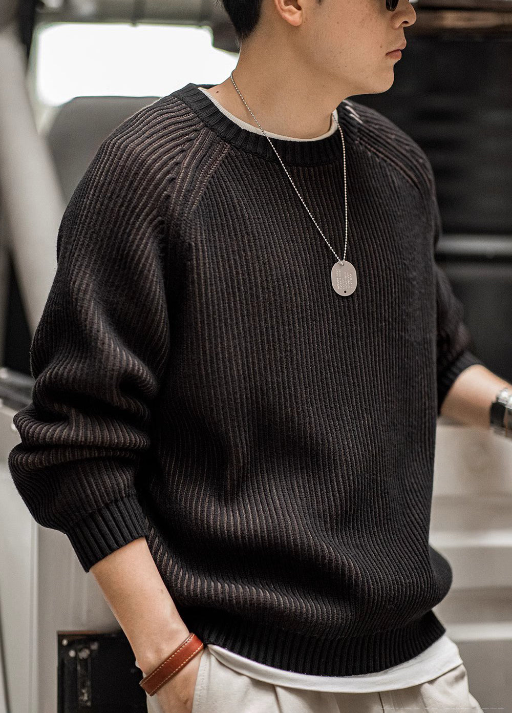 American Retro Vertical Striped Knitted Raglan Sleeve Thick Warm Men's Sweater - Harmony Gallery